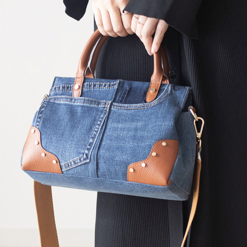 人気再販】リサイクルジーンズxレザー ユニークなボストンバッグ SDGs