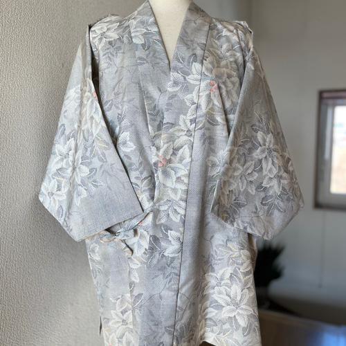 大島紬作務衣艷やか花模様大人女子和のお洒落上衣