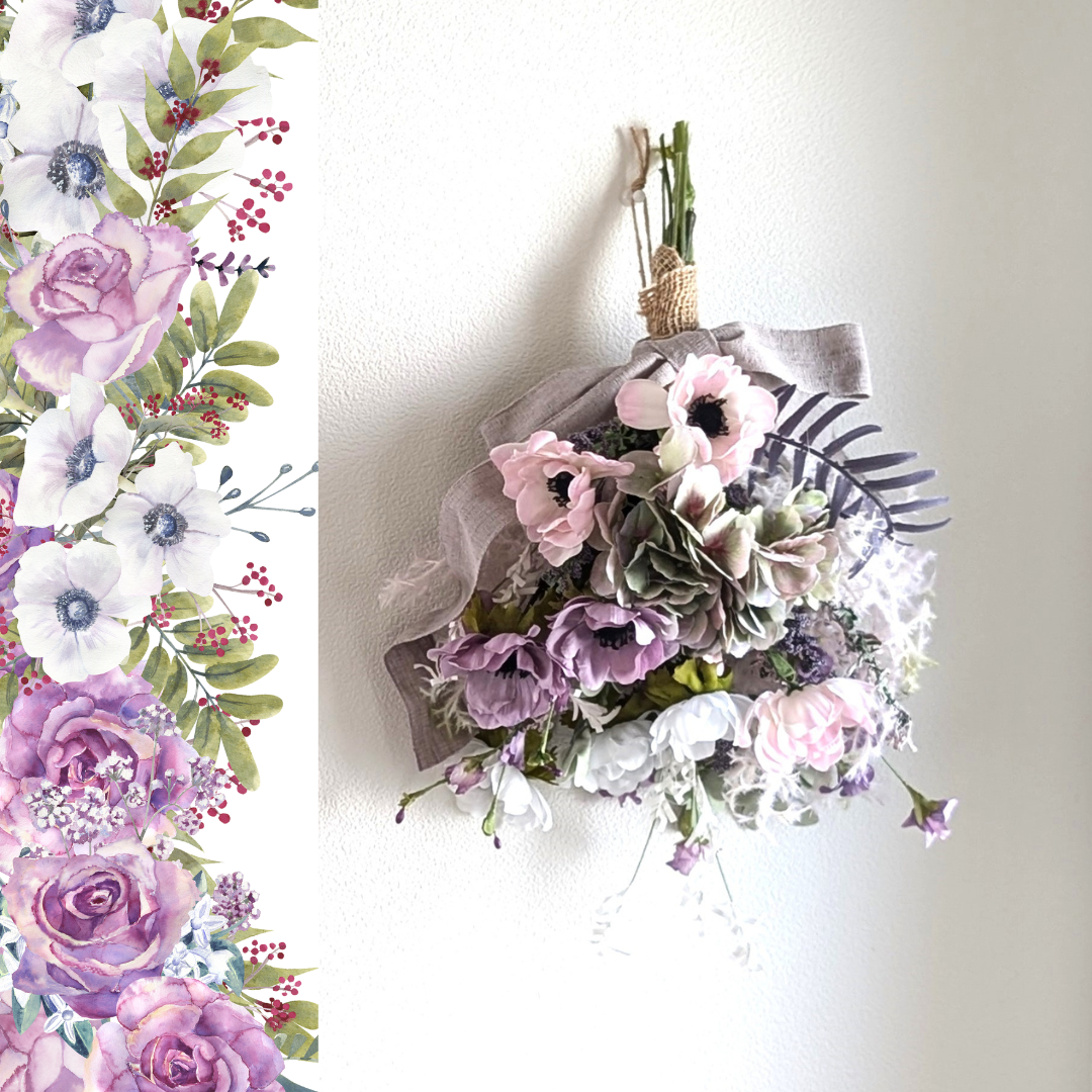 すぐに飾りたい！ずっときれい！くすみ色のアネモネに紫陽花とスモークツリーが華やかなスワッグ　インテリア