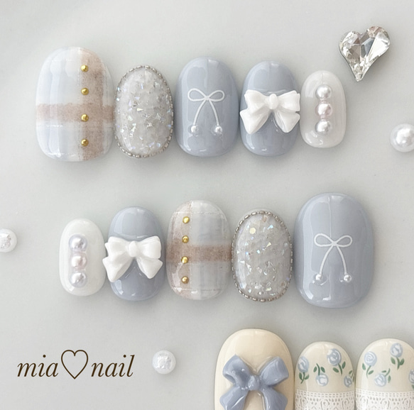 お急ぎ便A ネイルチップ 量産型 水色 シンプル チェック柄 ワンホン リボン No.63】水色ワンホン♡ネイルチップ リボン フレンチ ガーリー