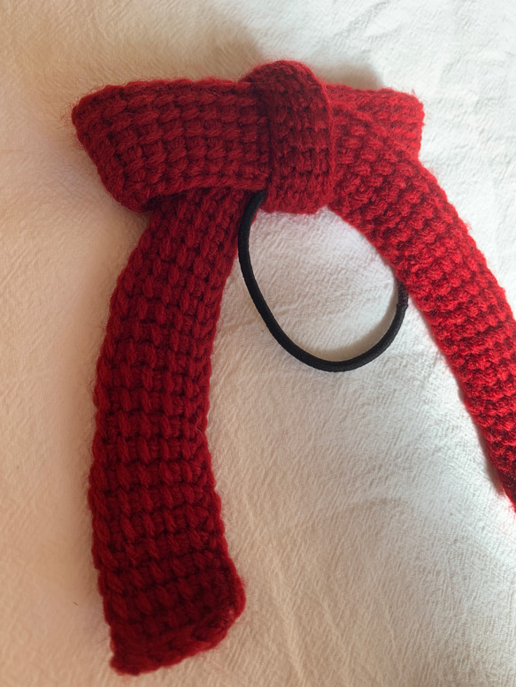 アフガン編みのリボンヘアゴム レッド 【送料無料】 ヘアゴム kaneli