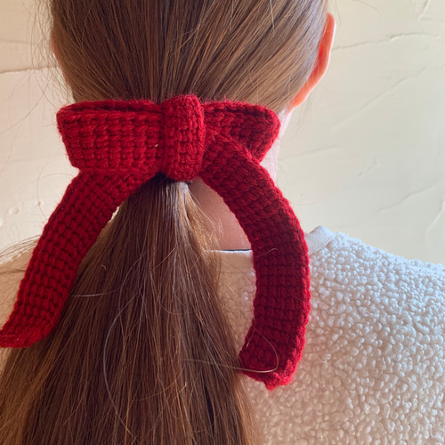 アフガン編みのリボンヘアゴム レッド 【送料無料】 ヘアゴム kaneli
