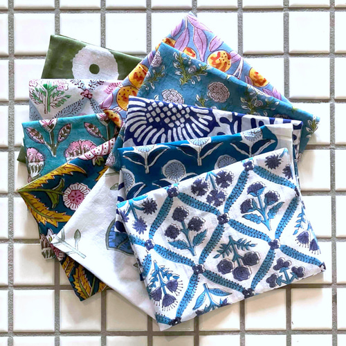 インド ブロックプリント生地 ミニカットクロス 10枚セット寒色系vol