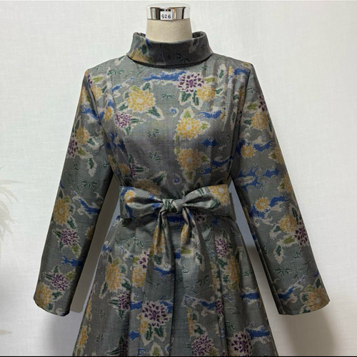 着物リメイク ワンピース 花柄 Aライン リボン付き プリンセス