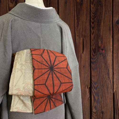 紬お着物リメイク* 朱橙色と大島紬 大人の兵児帯 半幅帯 長尺460cm