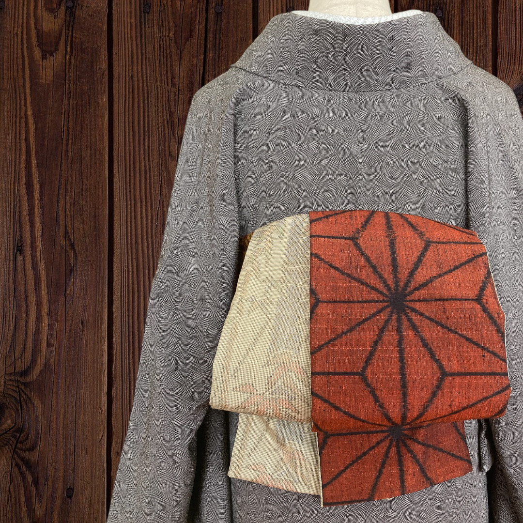 紬お着物リメイク* 朱橙色と大島紬 大人の兵児帯 半幅帯 長尺