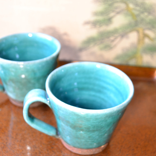 新緑得割！】コーヒーカップ2個組(ターコイズ) マグカップペア ☆萩焼