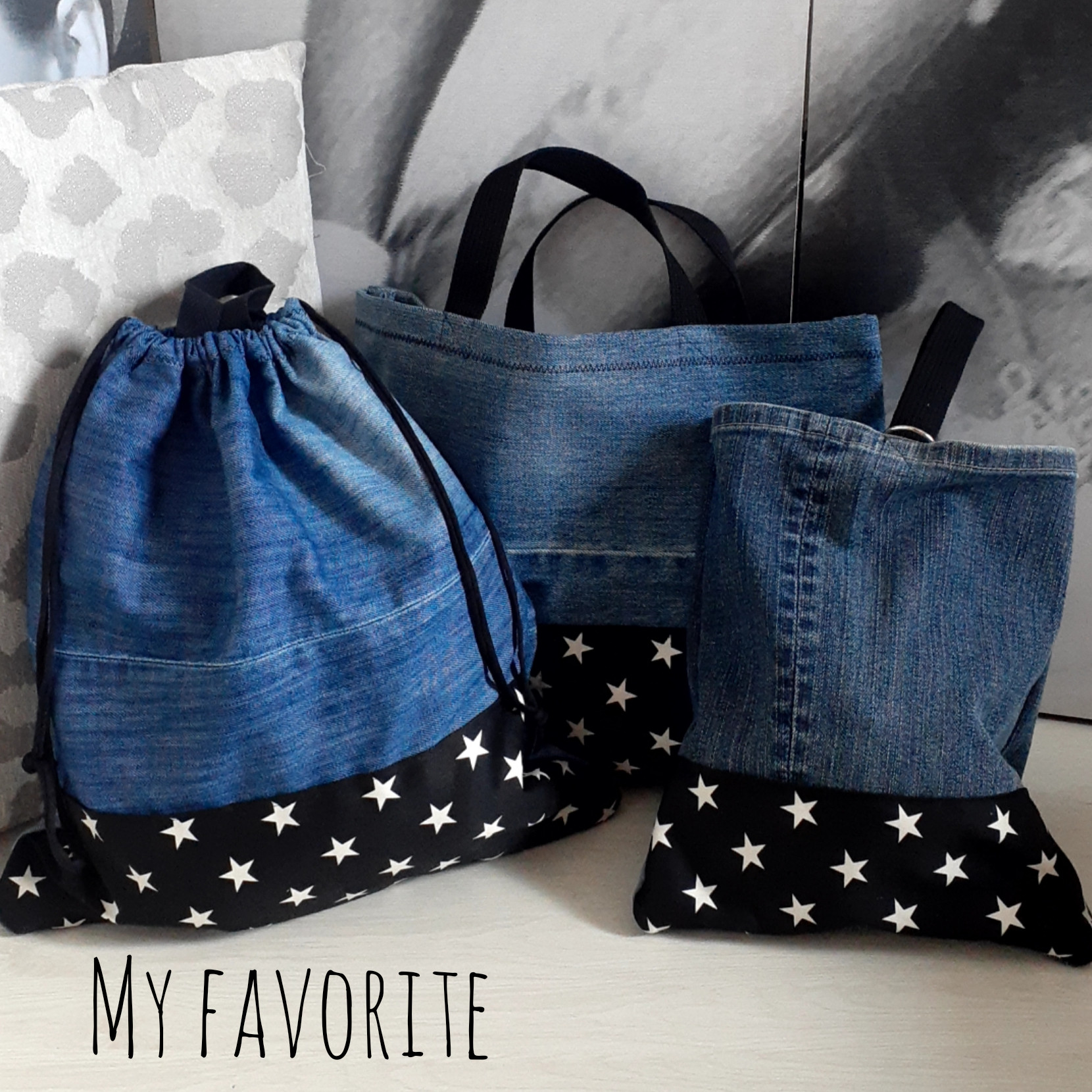 入学グッズ　三点セット　デニム　モノトーン　星　入園グッズ　入学準備　星　新学期