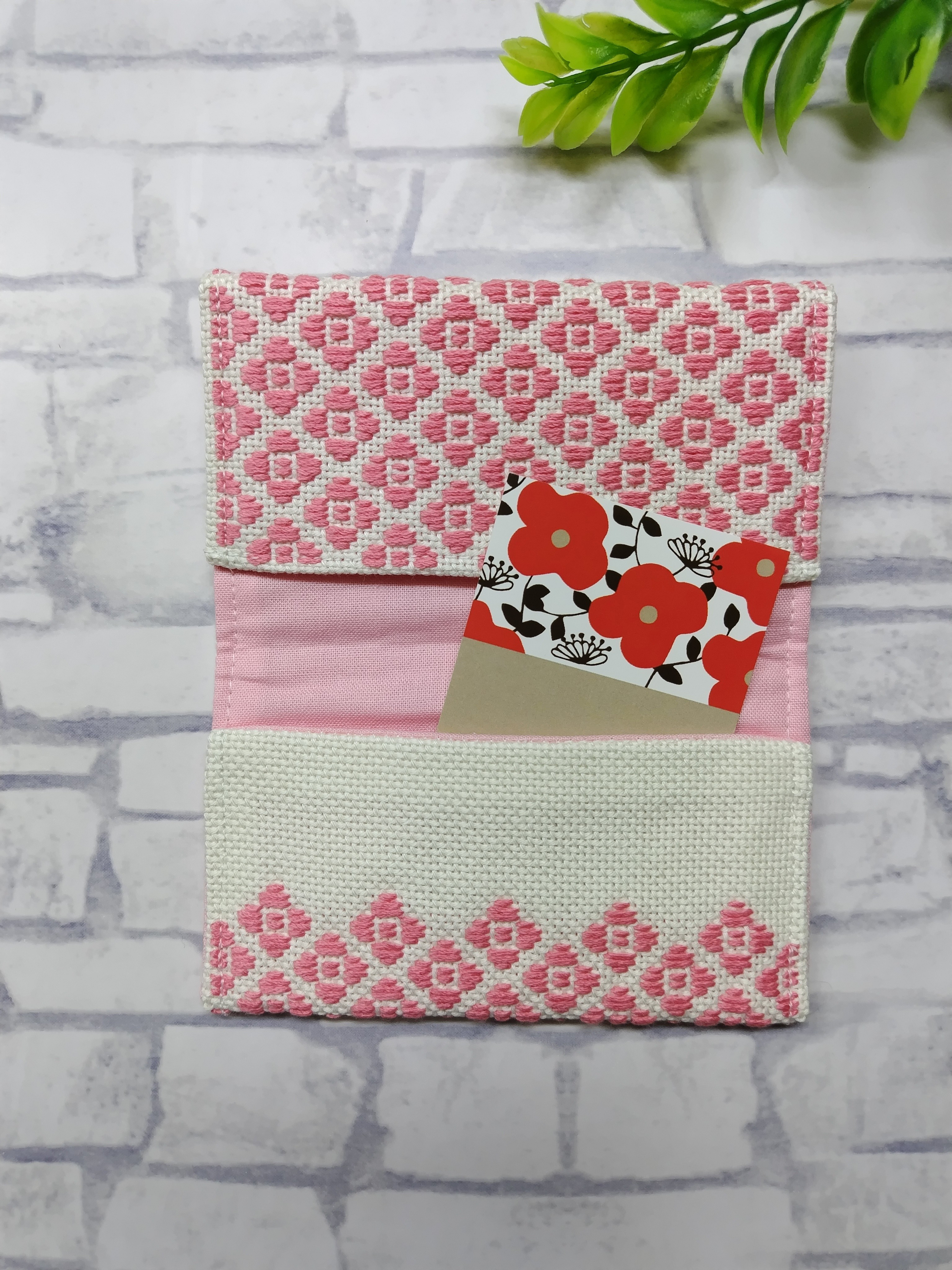 【受注制作】こぎん刺し　名刺入れ　名刺ケース　カードケース　カード入れ　サーモンピンク　大人のピンク　和風