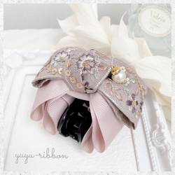 インド刺繍リボンのバンスクリップ ベージュ 大人可愛い 上品 リボン