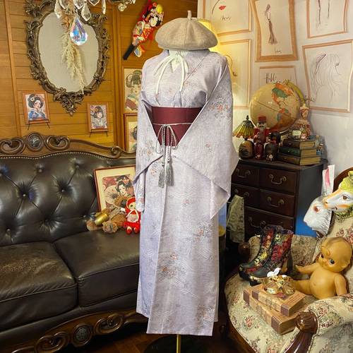 着物リメイク　ロングワンピース 和モダン 上質生地 ウエストリボン付き 着物MIX パッチワークワンピース S～M フレアーロングワンピース