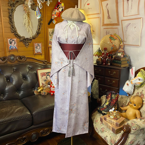 着物リメイク　ロングワンピース 和モダン 上質生地 ウエストリボン付き 3bde44553d9aa7a2a2b8e3004cc6f4