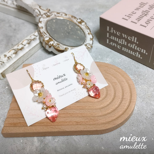 p374/【天然石✧】ストロベリークオーツ　花ピアス　ピンク　結婚式　パーティー p374a【天然石✧】ストロベリークオーツ 花ピアス ピンク 結婚式
