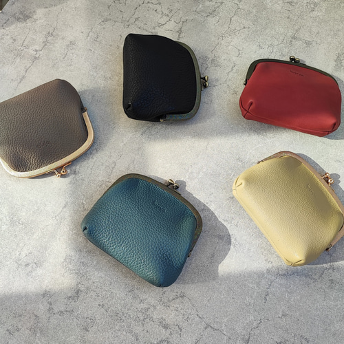 ふっくらスリムながま口ポーチ（ブルーグレー） 小物入れ 革 レザー