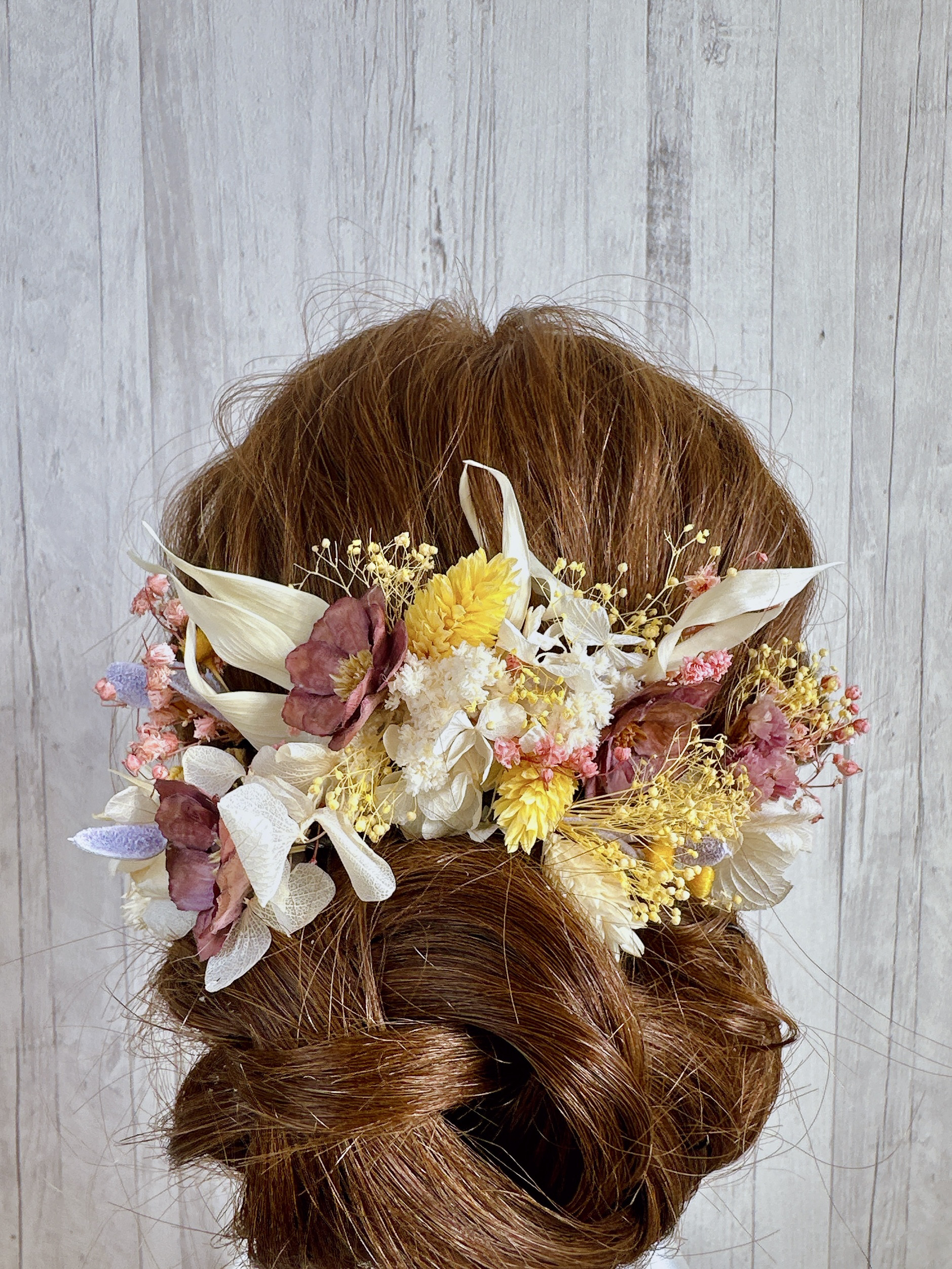 パープル×イエローのドライフラワーのパステルヘッドドレス