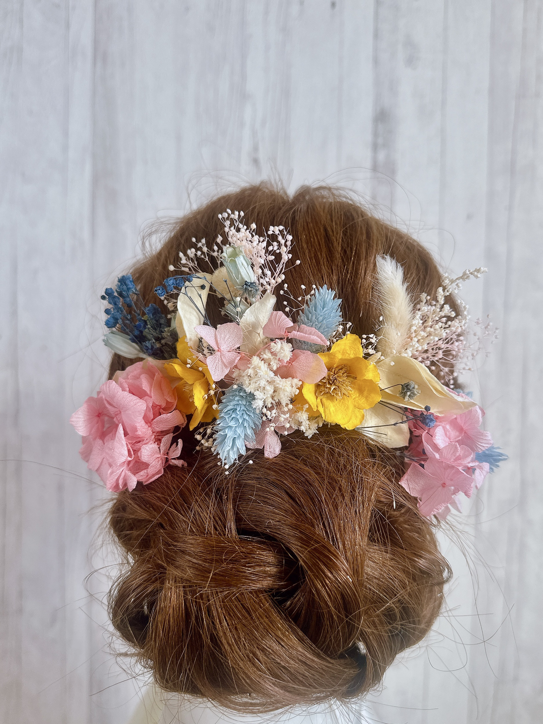 イエロー×ピンクのドライフラワーのパステルヘッドドレス