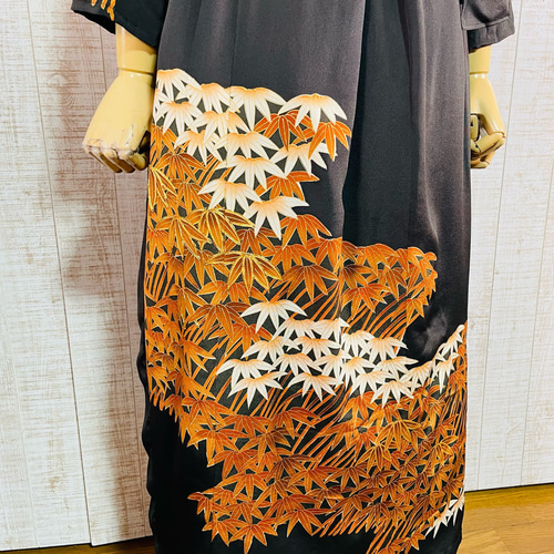 着物リメイク＊笹柄正絹黒留袖ワンピースM～L＆ギャザーストール