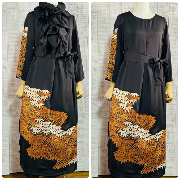 着物リメイク＊笹柄正絹黒留袖ワンピースM～L＆ギャザーストール