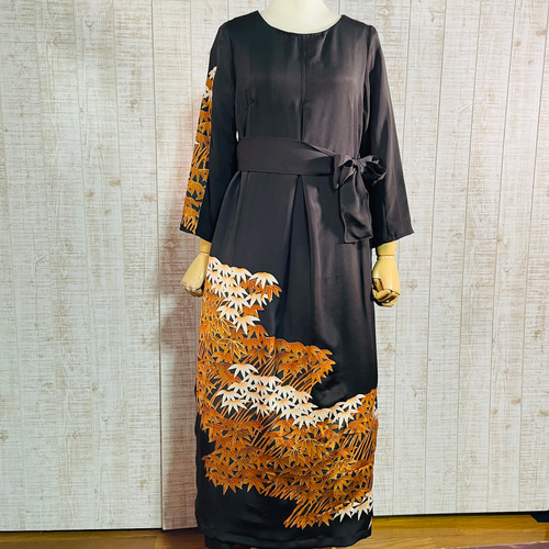 着物リメイク＊笹柄正絹黒留袖ワンピースM～L＆ギャザーストール