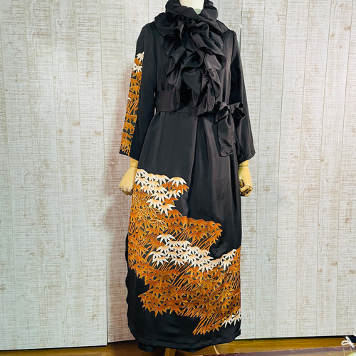 着物リメイク＊笹柄正絹黒留袖ワンピースM～L＆ギャザーストール