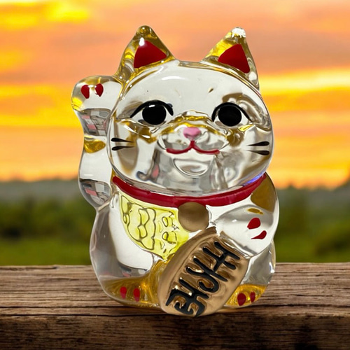 クリスタルの招き猫【金彩小判招き猫】 ガラスの置物 可愛い