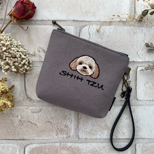 シーズー好きさん❤️の刺繍♡帆布生地ミニポーチ♡ストラップ肉球