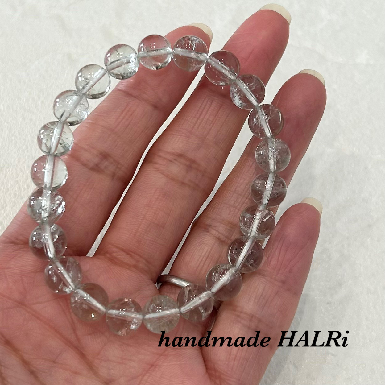 天然石ブレスレット437◇プラシオライト(グリーンアメジスト) 虹あり