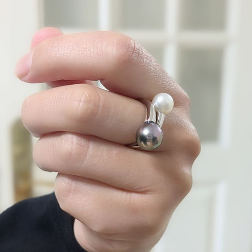 ダイア埋め込み白蝶真珠＆黒蝶真珠リング #12 /SV South Sea Pearls