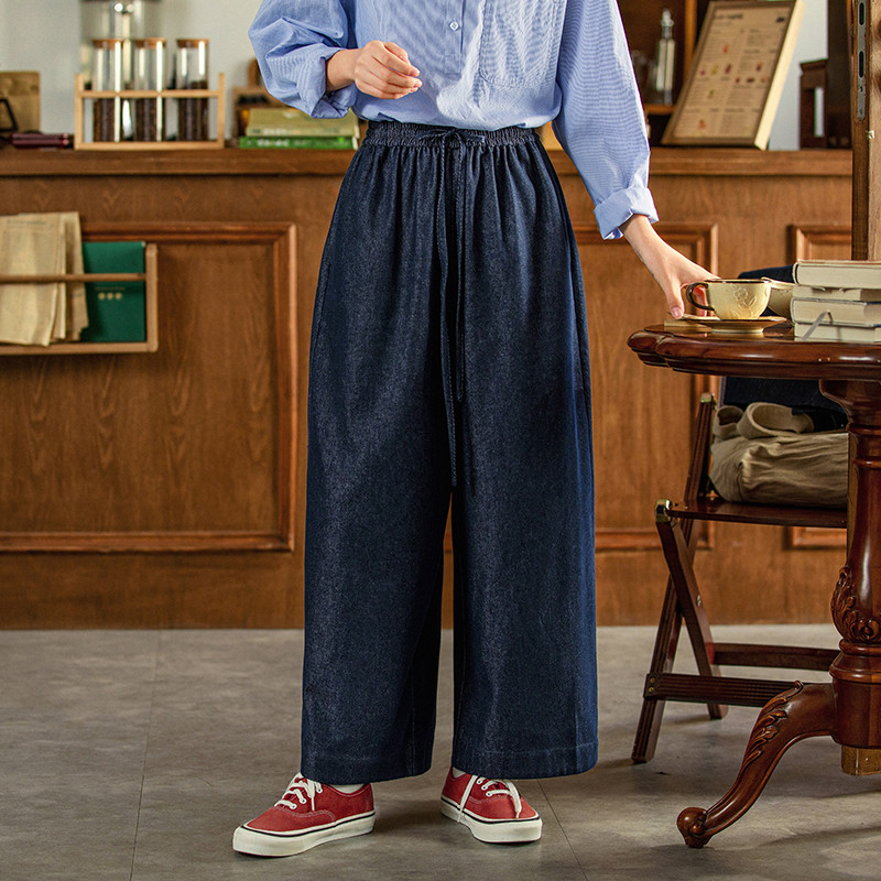 コットン混紡デニムパンツ　ゴムウエストデニムパンツ　シンプルパンツ　ブルー　S-Mサイズ　S370