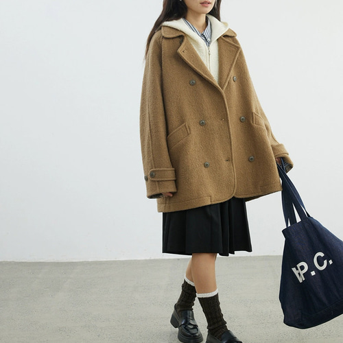 裏地チェックの襟がさりげなくお洒落♪ミドル丈ウールコート ブラウン