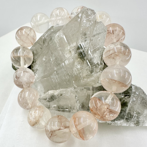 ２本セット マニカラン水晶☆ブレスレット11ミリ粒、7ミリ粒 マニカラン水晶 ブレスレット(ピンク) 14.0mm〈MB8187〉鑑別書付き