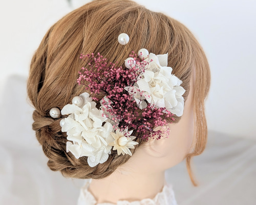 ピンク × かすみ草 髪飾り【 成人式 ウェディング 前撮り 振袖 袴 白
