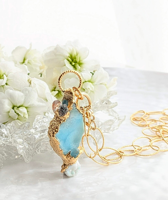 ラリマー原石とサンストーンとバロックパールのネックレス ネックレス