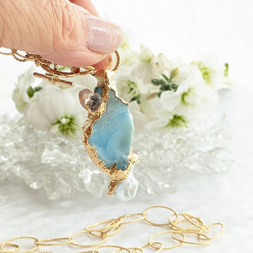 ラリマー原石とサンストーンとバロックパールのネックレス ネックレス