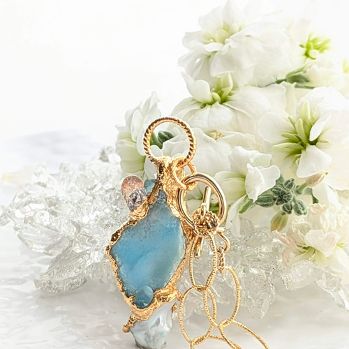 ラリマー原石とサンストーンとバロックパールのネックレス ネックレス