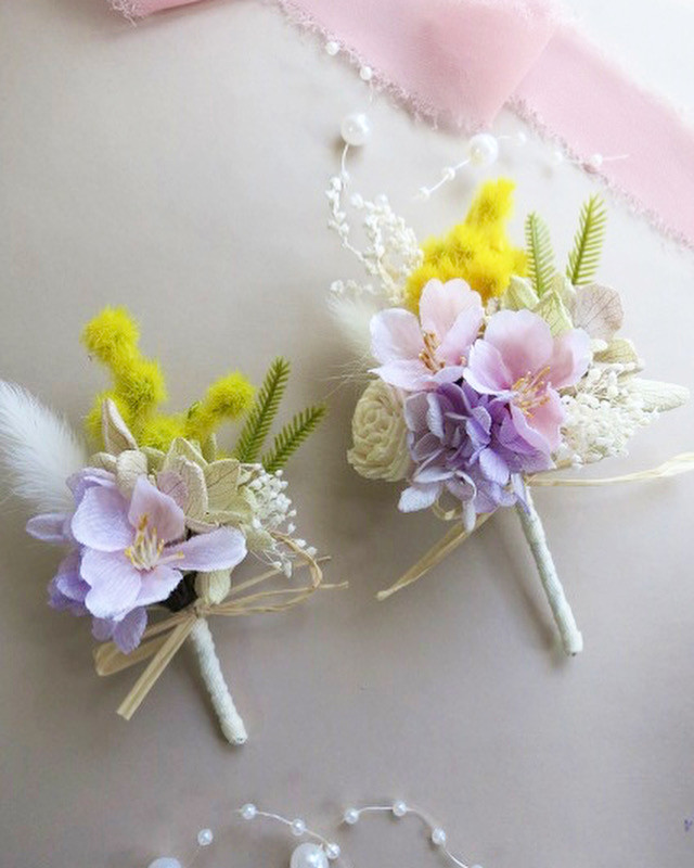 【親子コサージュ】コサージュ2点セット　ミモザ×桜