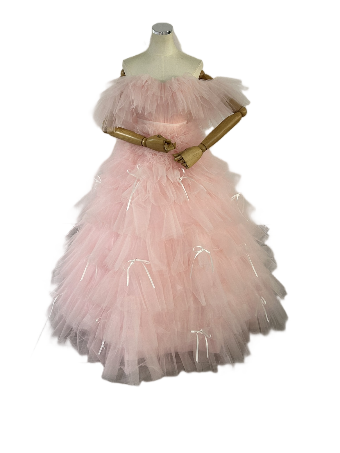 上品！ カラードレス 薄ピンク オフショル ベルト ショートベール リボン 柔らかく重ねたチュールスカート  前撮り 47,382円