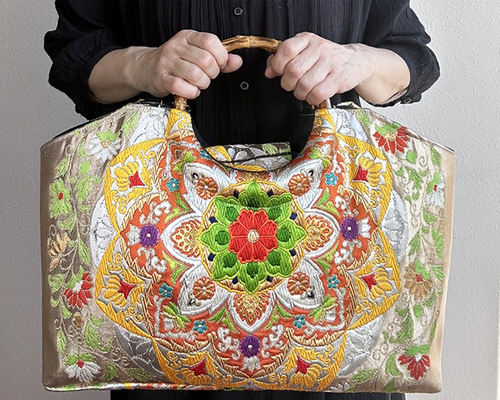 帯 リメイク バンブーハンドル 和装バッグ くすみピンク 着物バッグ 着物リメイク バッグ【バンブーハンドル帯バッグ （特大）金色地
