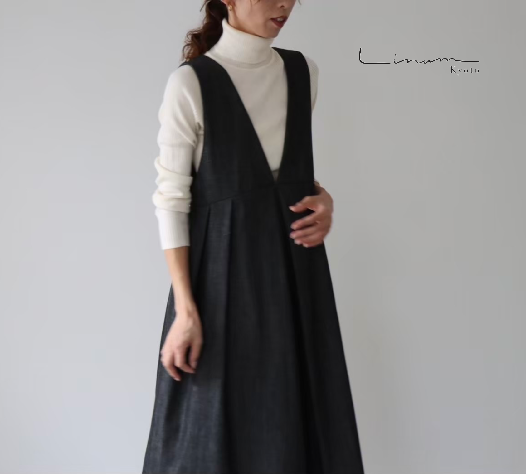 【サイズSM-LL】後ろ姿が綺麗な岡山県児島デニムワンピース／くったり8オンスソフトデニムジャンパースカート／ブラック