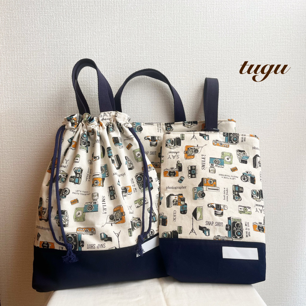 入園セット 3点｜レッスンバッグ・上履き袋・巾着袋｜レトロカメラ柄｜幼稚園・保育園・小学校｜男女兼用｜サイズオーダー可