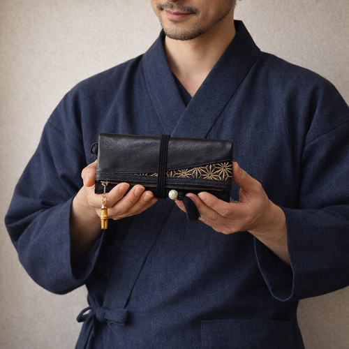 オーダー 金彩工芸 竹節麻の葉文様 金色仕上げ 本牛革黒色×金糸織黒色