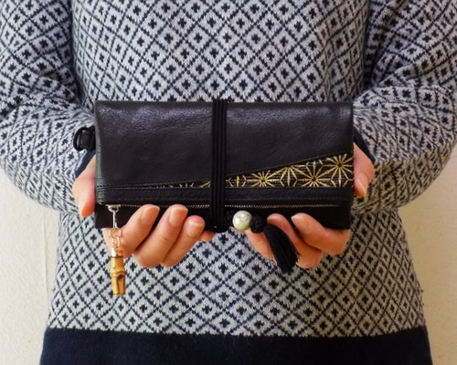 オーダー 金彩工芸 竹節麻の葉文様 金色仕上げ 本牛革黒色×金糸織黒色