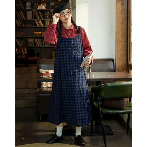 100%コットン格子ワンピース チェック柄ノースリーブワンピース