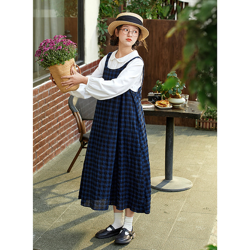 100%コットン格子ワンピース チェック柄ノースリーブワンピース