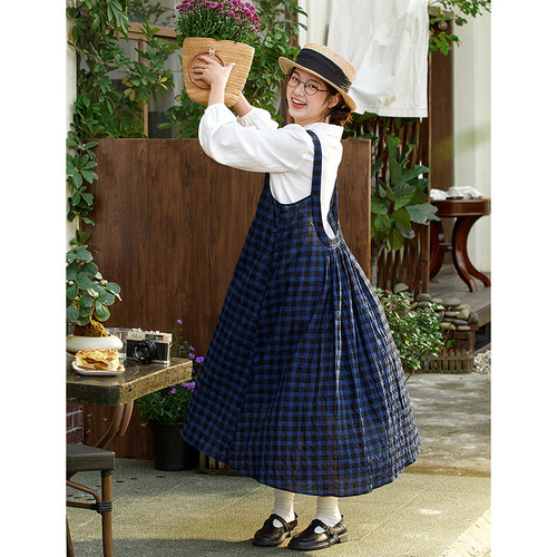 100%コットン格子ワンピース チェック柄ノースリーブワンピース ブルー