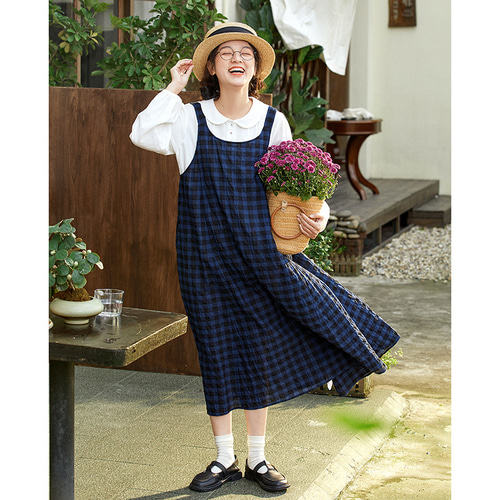 100%コットン格子ワンピース チェック柄ノースリーブワンピース ブルー