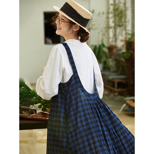 ネイビー チェック柄 ノースリーブ ワンピース 100%コットン格子ワンピース チェック柄ノースリーブワンピース