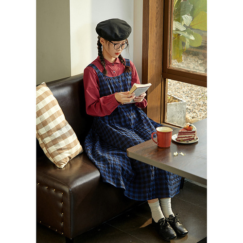 100%コットン格子ワンピース チェック柄ノースリーブワンピース ブルー