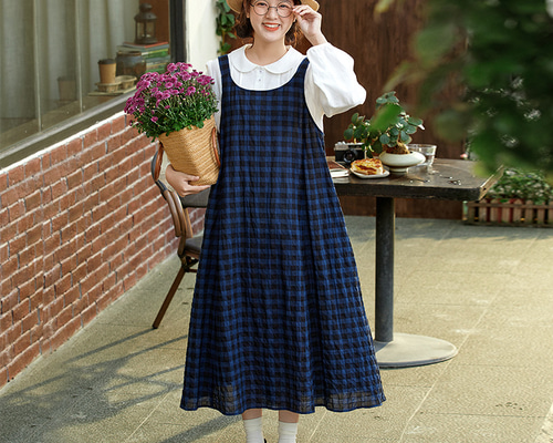 100%コットン格子ワンピース チェック柄ノースリーブワンピース