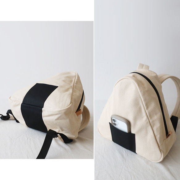 ⁂冬ＳＡＬＥ　さんかくリュック 生成りデニム　おにぎり　牛革レザー　ポケット付き 　小ぶりリュックP68 5枚目の画像